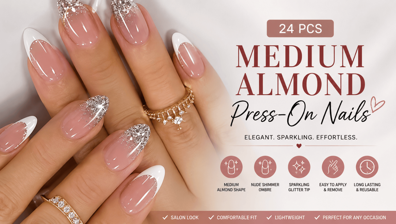 24 Pcs Medium Almond Press-On Nails Review – Best Nude Shimmer Fake Nails for an Elegant Salon Look